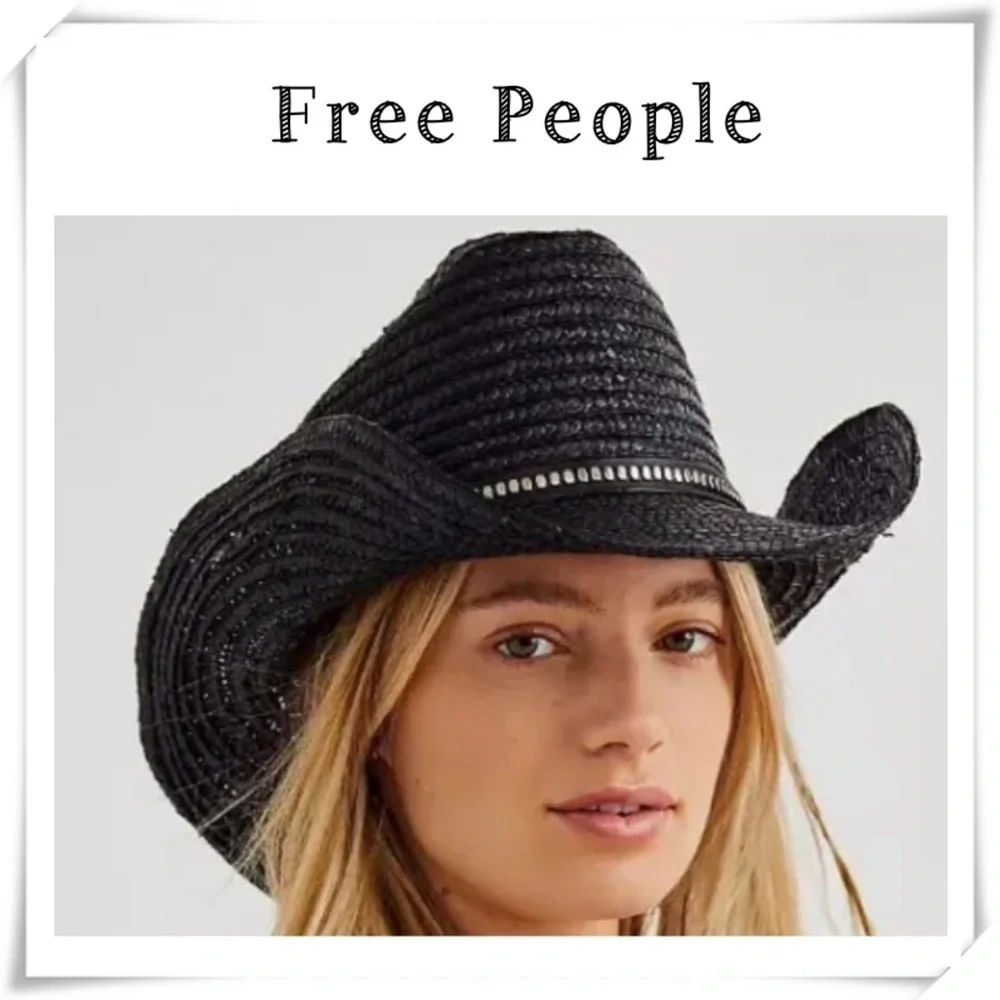 Free People Fame Straw Western Cowboy Hat In Black